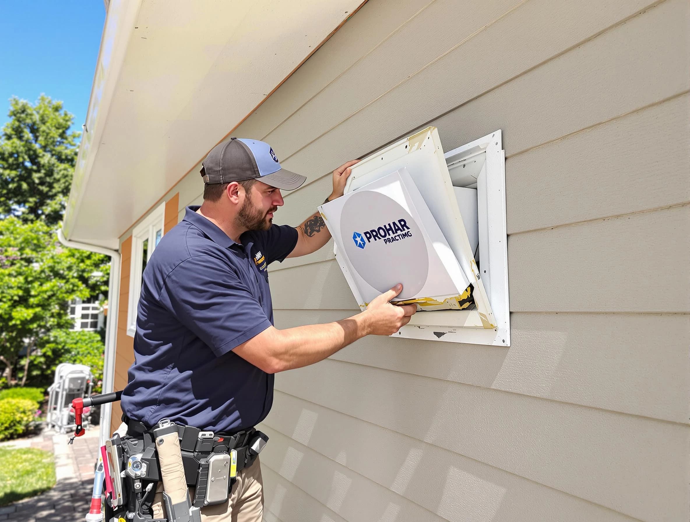Fairmount Dryer Vent Cleaning technician installing a new protective dryer vent cover on a home in Fairmount